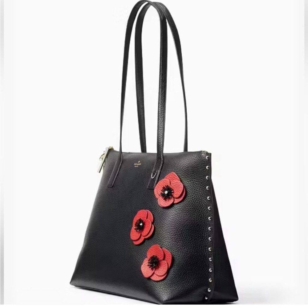 Kate Spade On Purpose Zip Top Poppy Studded Pebble Leather Tote Bag Black Large